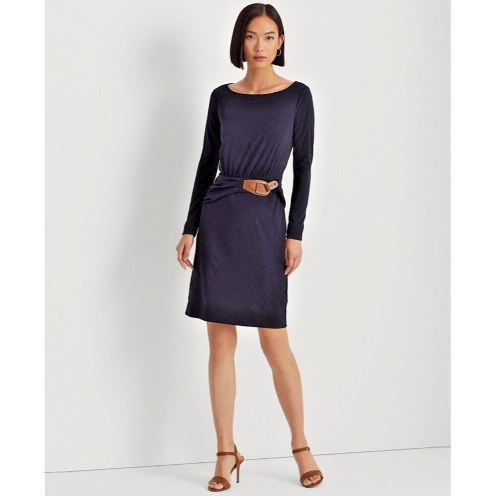 Lauren Ralph Lauren Women's Buckle-Trim Stretch Jersey Dress Navy Blue Size 8